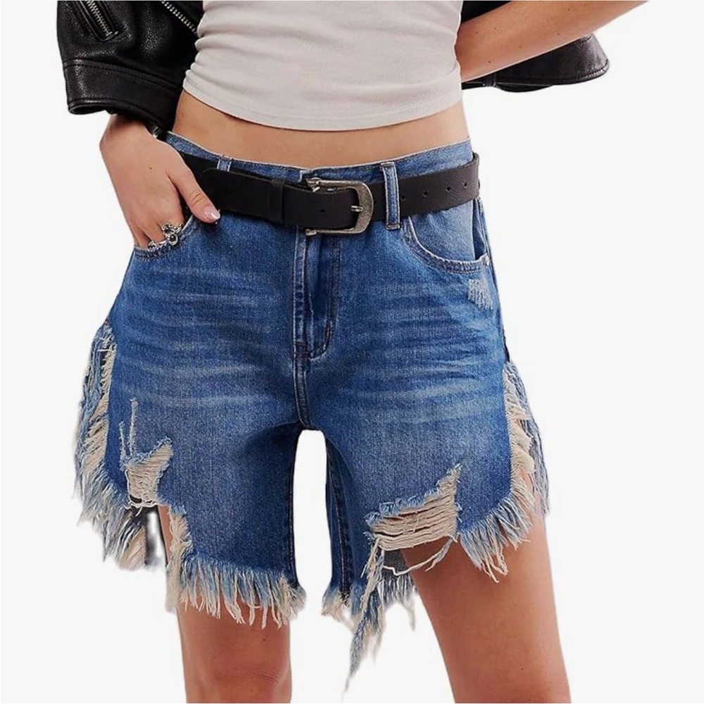 Women Cut Off Denim Shorts Mid Waisted Frayed Raw Hem Ripped Distressed Baggy